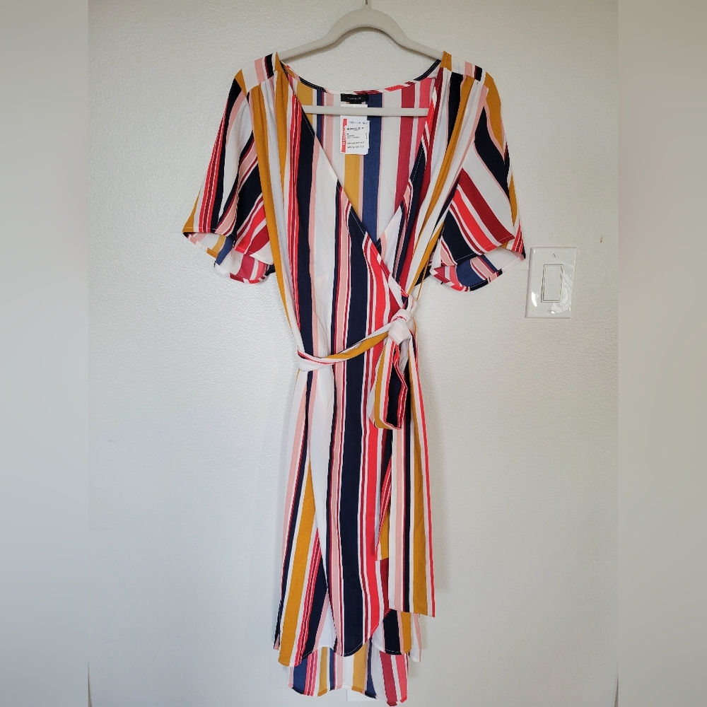 Halogen Multicolor Striped Wrap Midi Dress - Navy, Mustard, Red, Pink, White